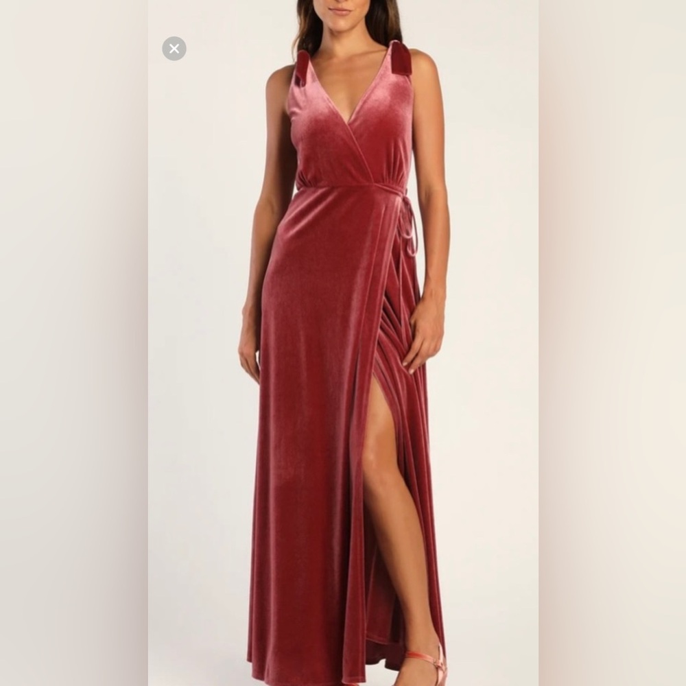 Lulus Certainly Stunning Dusty Rose Velvet Tie-Strap Wrap Maxi Dress